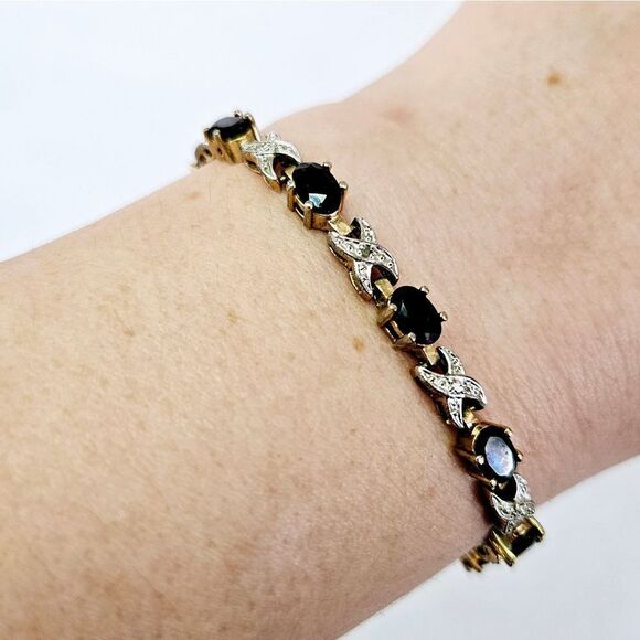 Vintage Vermeil Signed Sterling Gold Plated Dark Blue Rhinestone Tennis Bracelet - Picture 1 of 10